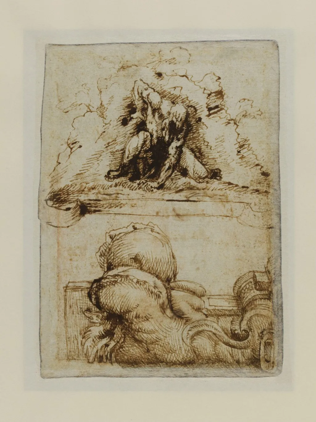 Studies of modelli for sculptural projects by Giambologna, on the front the Apennine and detail from the base of the fountain of Samson and on the back a fountain, possibly with the figure of Neptune, by Pietro Francavilla, 1591