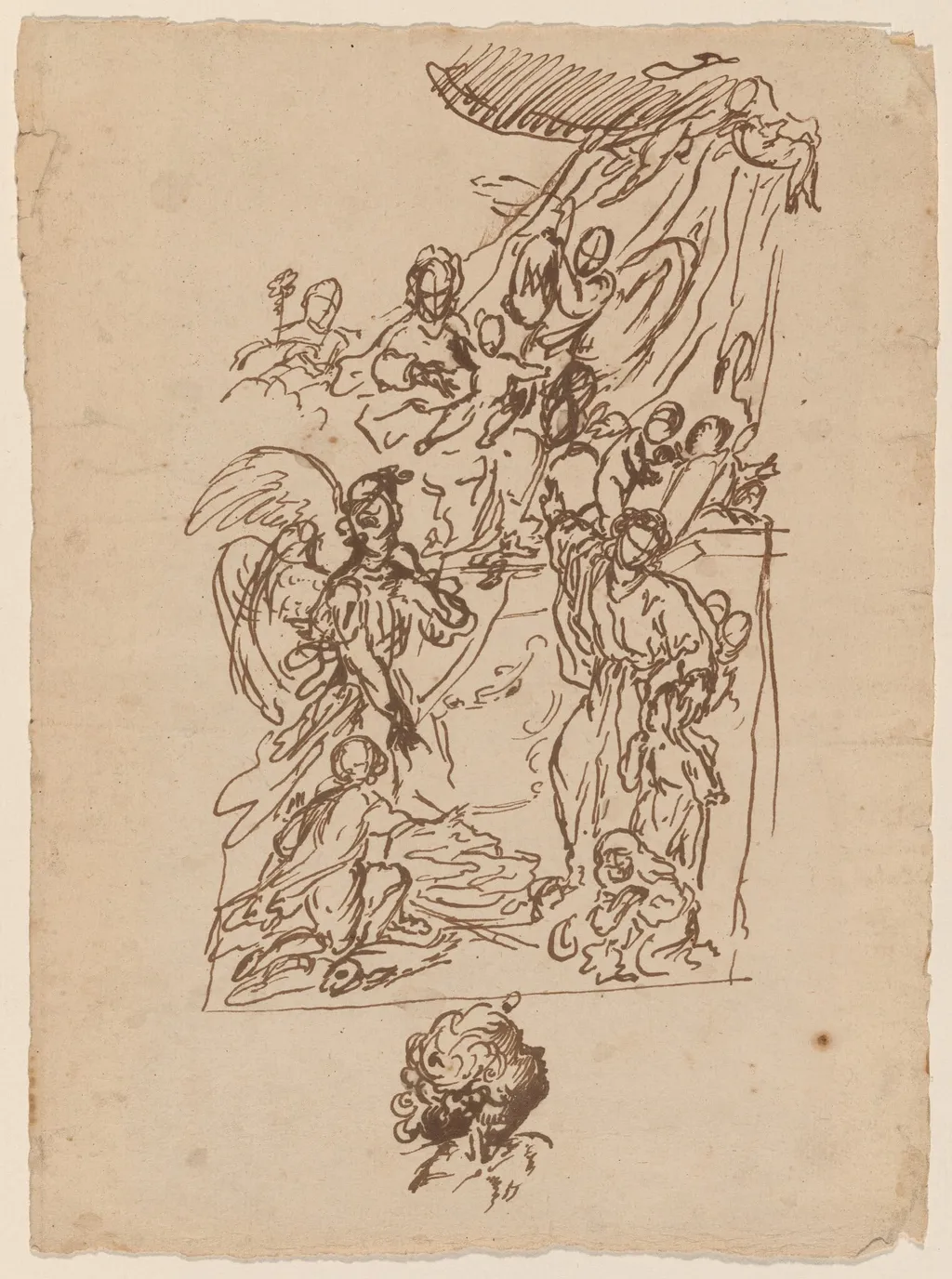The Madonna and Child Seated on a Dais with Tobias and the Angel and a Saint Presenting Two Children, by Pietro Giacomo Palmieri, ink, 1774
