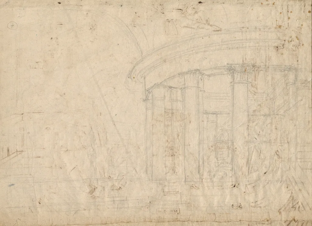 Architectural Fantasy on a Round Temple Enclosed with an Ambulatory (verso), by Pietro Gonzaga, graphite, 1792