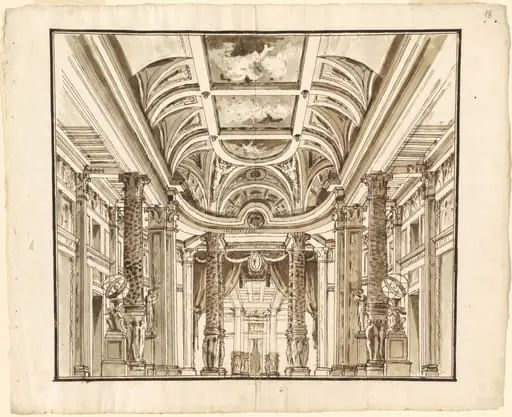 Fantasy of a Great Hall with Basketweave Columns, by Pietro Gonzaga