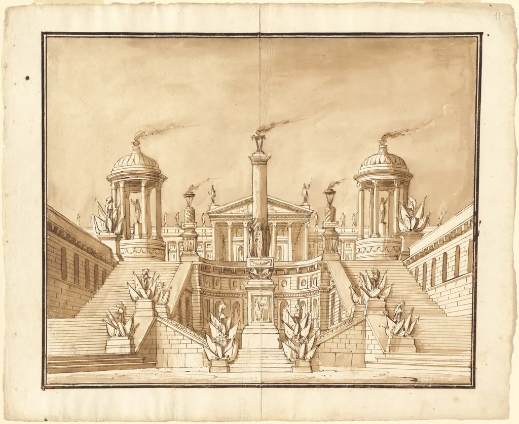 Fantasy of an Ancient Capitol with Trophies and Grand Staircases, by Pietro Gonzaga, ink, 1800