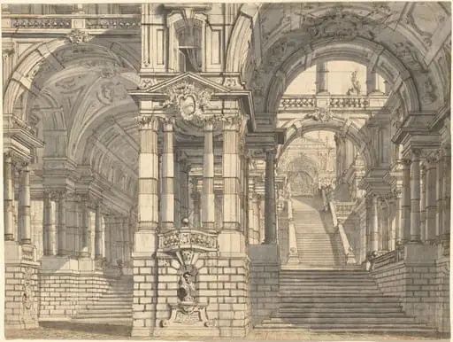 Fantasy of Magnificent Courtyards and Loggie with a Monumental Staircase, by Pietro Gonzaga