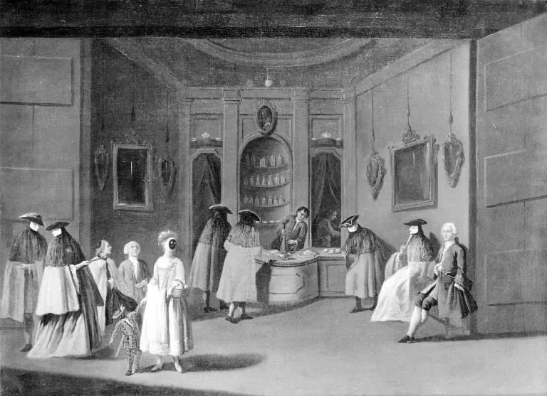Masked and Unmasked Persons at the Confectioner's, by Pietro Longhi, oil, 1751