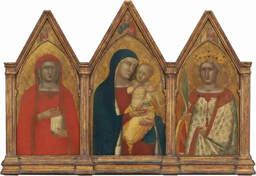 Madonna and Child with the Blessing Christ, and Saints Mary Magdalene and Catherine of Alexandria with Angels [entire triptych], by Pietro Lorenzetti