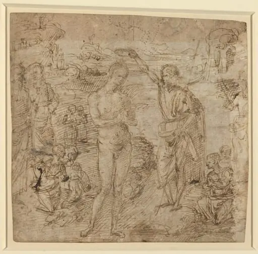 a) The Baptism of Christ; b) Draped Figure Holding a Book and Man Wielding an Ax with a Figure, by Pietro Perugino