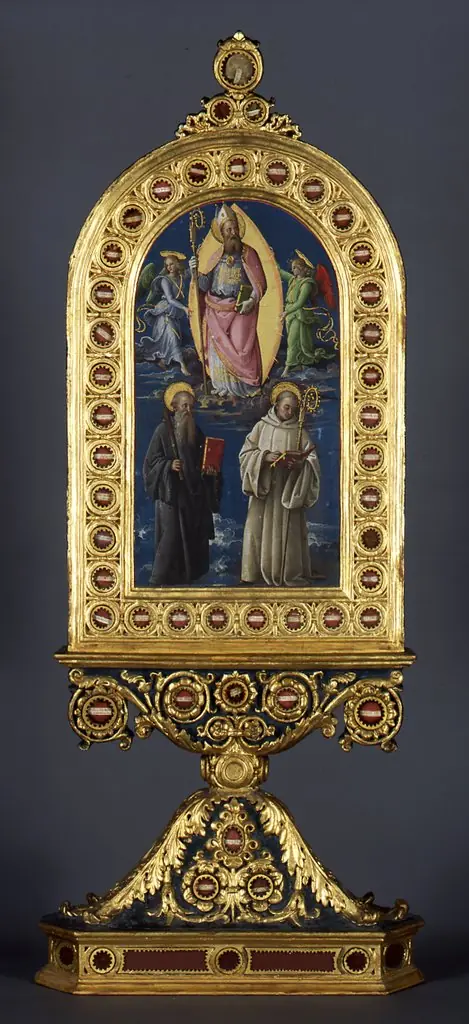 The church father Augustine in glory with two angels and the saints Benedict and Bernhard (reliquary), by Pietro Perugino