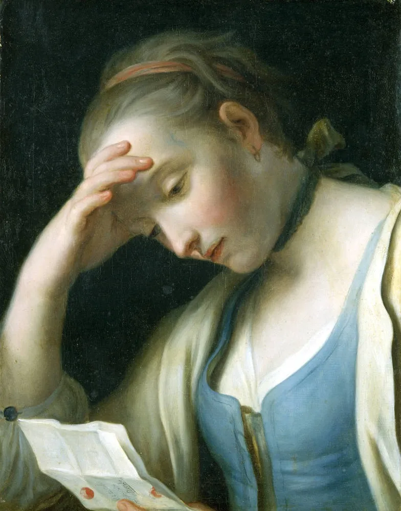 Young Woman Reading A Letter, Her Head Propped Up, by Pietro Rotari, oil, 1750