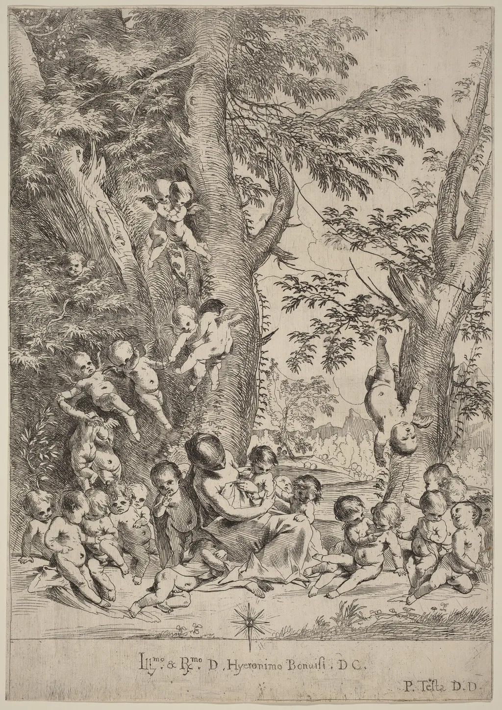 Young Woman, Surrounded by Cupids (The Garden of Charity, vertical version), by Pietro Testa, ink, 1631