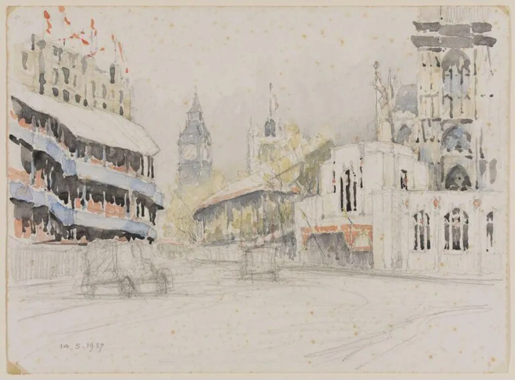 Entrance to Westminster Abbey with Big Ben in the distance, by Pile, watercolor, 1937