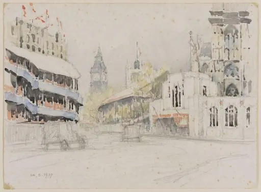 Entrance to Westminster Abbey with Big Ben in the distance