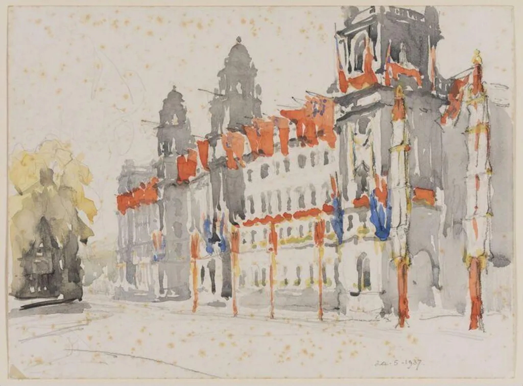 Foriegn Office looking down Whitehall, by Pile, watercolor, 1937