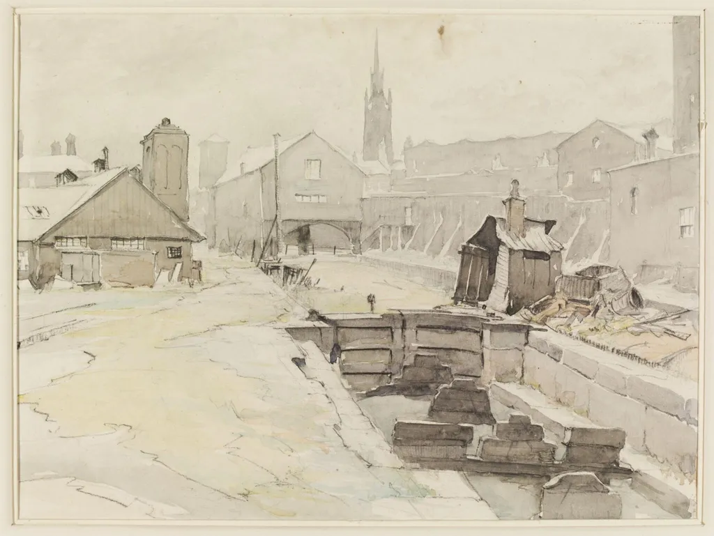 Manchester Ship Canal, Quay Street, Manchester, by Pile, watercolor, 1942