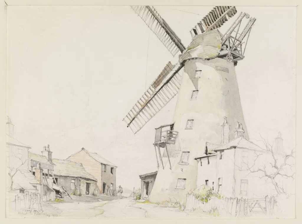 Windmill ("Marsh Mill") at Thornton, near Fleetwood, by Pile, watercolor, 1943