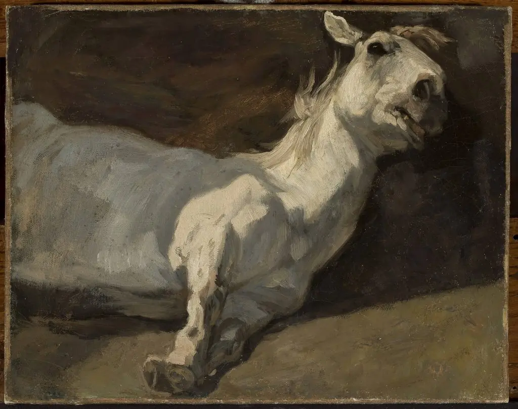 White horse stretched on the ground, by Piotr Michałowski