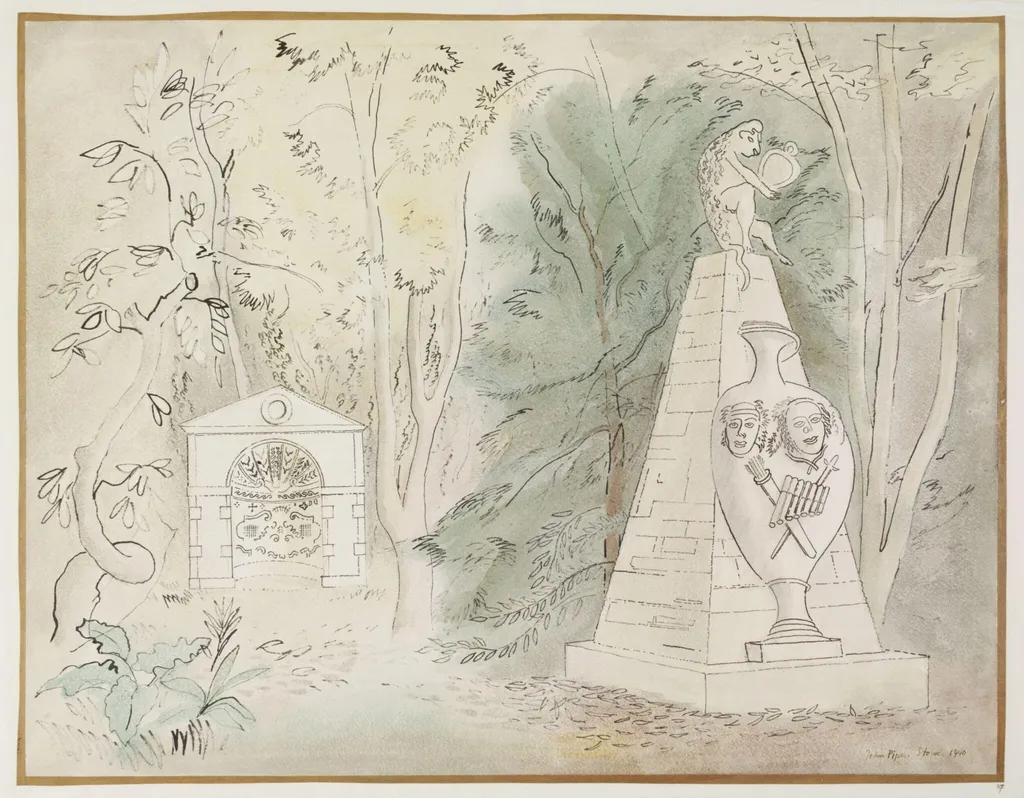 Congreve Monument (designed by Wm. Kent) and Shell Grotto, Stowe, by Piper, watercolor, 1940
