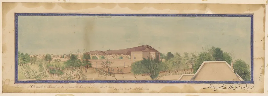 One of three drawings of Chiniot (Jhang district), formerly Punjab and its environs, by Pir Bux, paint, 1850