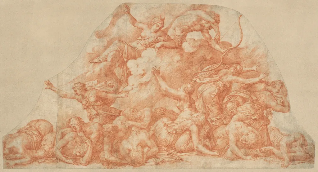 Diana and Apollo Slaughtering the Children of Niobe, by Pirro Ligorio, chalk, 1550