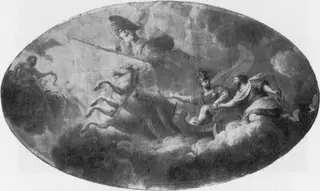 Plafondstuk met de apotheose van een vorst, die door Mars en Minerva tot Jupiter wordt gevoerd