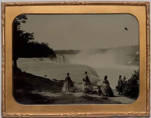 Niagara Falls with well-dressed group, by Platt D. Babbitt