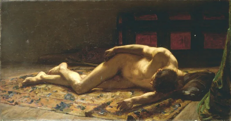 Naked Man Lying on a Rug, by Ponziano Loverini, oil, 1892
