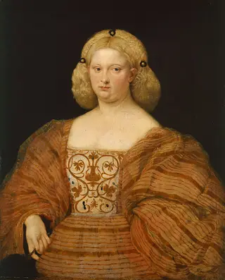 Portrait of a woman in a striped dress and holding a fan, by Giovanni Cariani