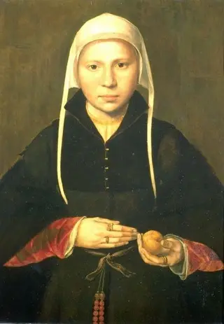 Portrait of a young lady, holding a piece of fruit in her hand
