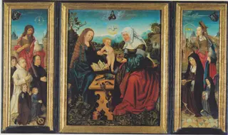 Portrait of Dirck van Heemskerck van Beest & sons with John the Baptist, Madonna and Child with St Anne, and Gertruid van Diemen & daughter with Mary Magdalene, by Master of Frankfurt