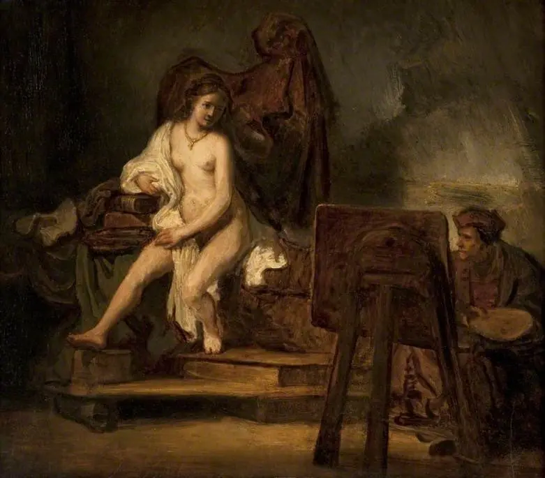 Portrait of Rembrandt painting Hendrickje as his Model