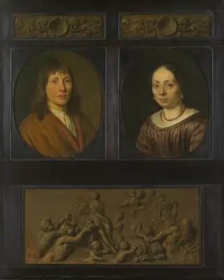 Portraits of a Man and a Woman framed with two ornamental frieze miniatures with shell motif and a Triumph of Amphitrite, by Pieter Cornelisz. van Slingelandt