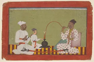 Posthumous portrait of Raja Chhatar Singh of Chamba smoking a hookah with his brother and son