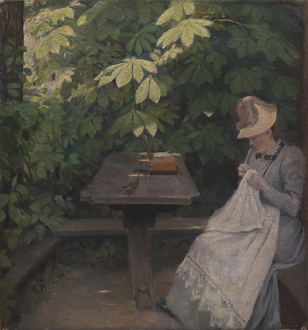 En sommerklædt dame i et lysthus, by Poul Simon Christiansen, oil, 1896