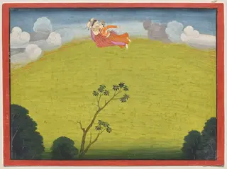 Pradyumna and Mayavati Fly to Dvaraka, from the Large Basohli Bhagavata Purana