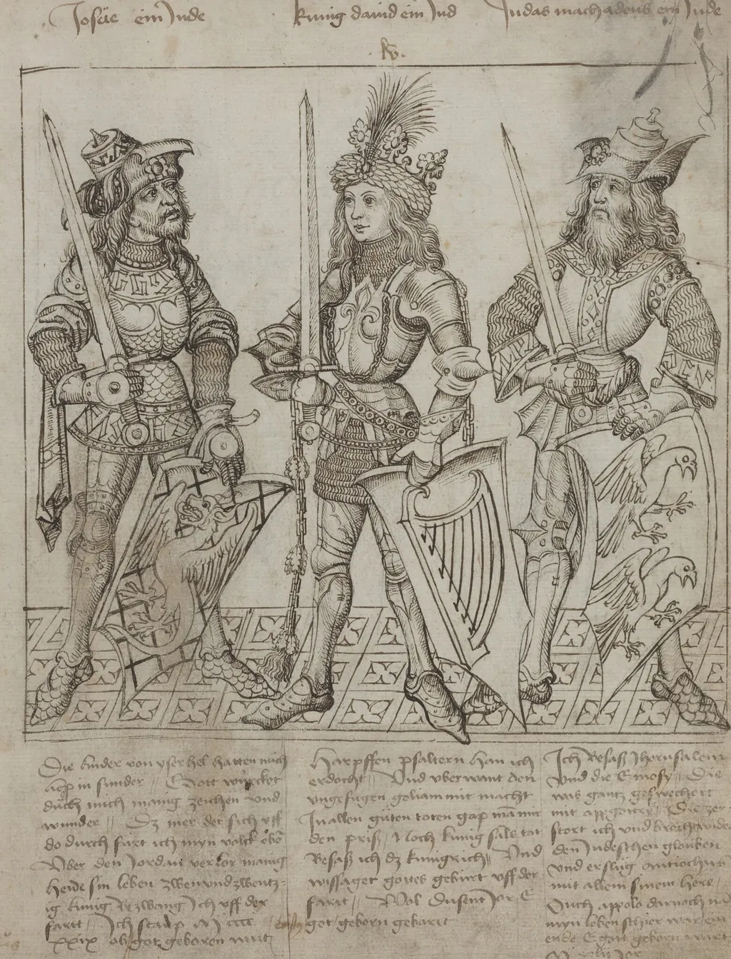 Joshua, King David and Judas Maccabeus, by Primary Master of the Strassburg Chronicle, ink, 1492