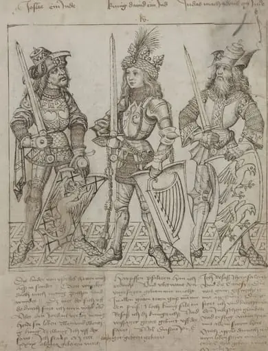 Joshua, King David and Judas Maccabeus, by Primary Master of the Strassburg Chronicle