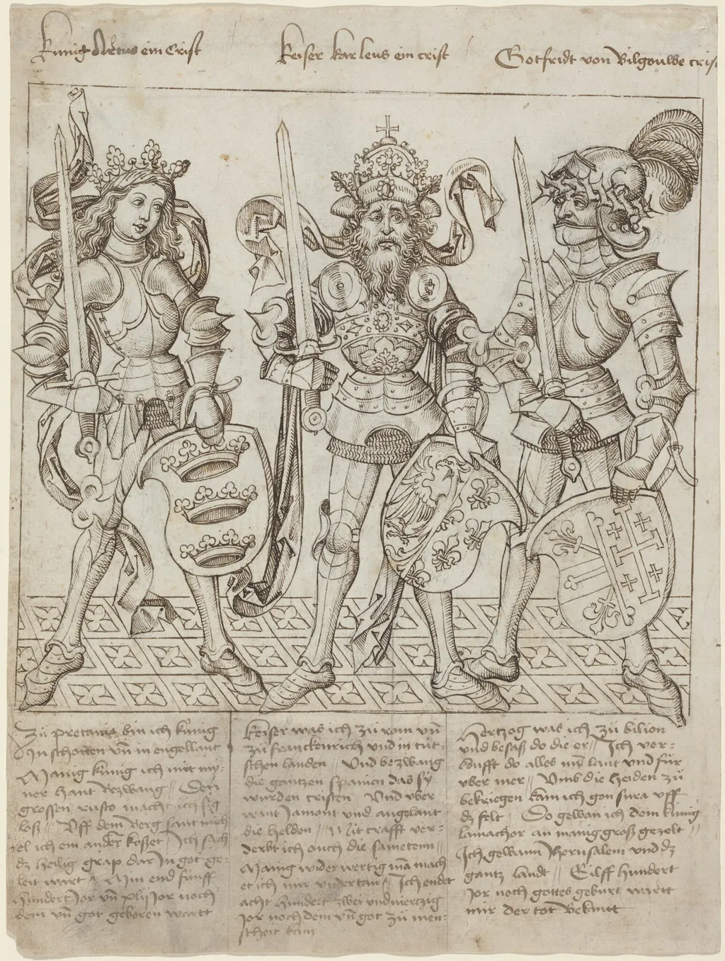 King Arthur, Charlemagne and Godfrey of Boulogne, by Primary Master of the Strassburg Chronicle, ink, 1492