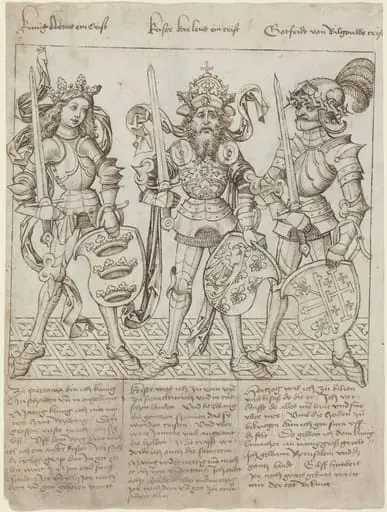 King Arthur, Charlemagne and Godfrey of Boulogne, by Primary Master of the Strassburg Chronicle