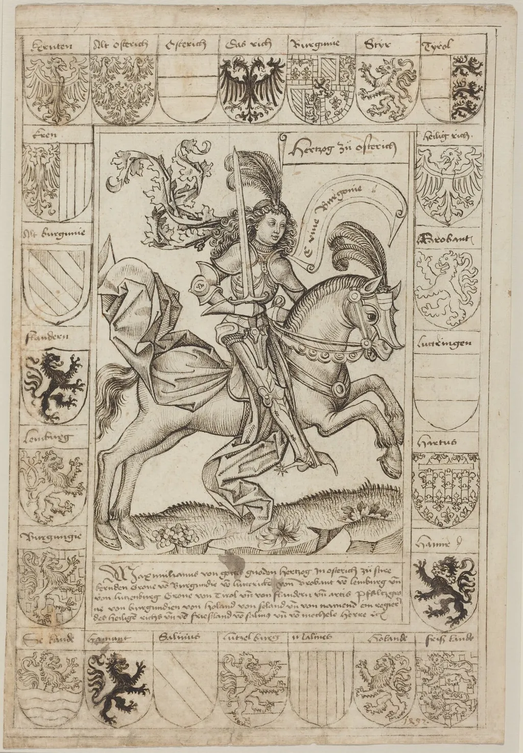 Maximilian, Duke of Austria, on Horseback, by Primary Master of the Strassburg Chronicle, ink, 1492