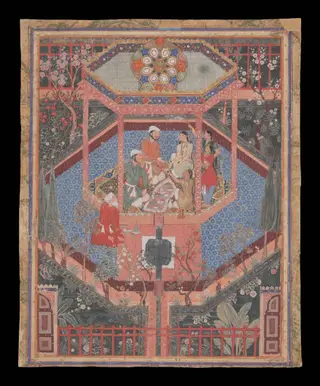 Prince Alamshah Rustam with Mihr Afruz in a garden pavilion