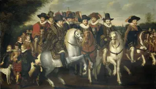 Prince Maurits accompanied by his two brothers, Frederick V, Elector of the Palatinate, and some counts of Nassau on horseback, by Adriaen van de Venne