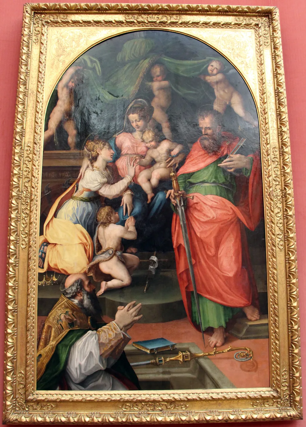Thronende Madonna mit Heiligen Katharina von Alexandrien, Paulus, Augustinus und dem Johannesknaben, by Prospero Fontana, unspecified, 1540