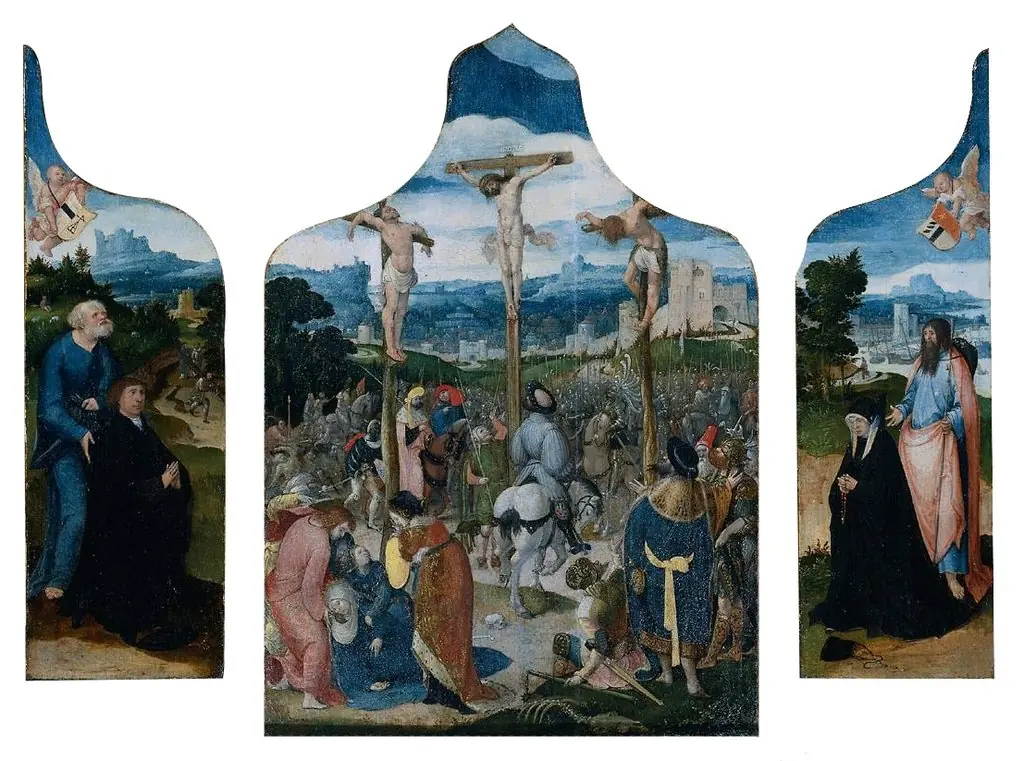 Triptych with the Crucifixion (centre panel), St Peter and a Male Donor (inner left wing), St James and a Female Donor (inner right wing), St Christopher and the Christ Child on the Road of Life (outer wings), by Pseudo Jan Wellens de Cock