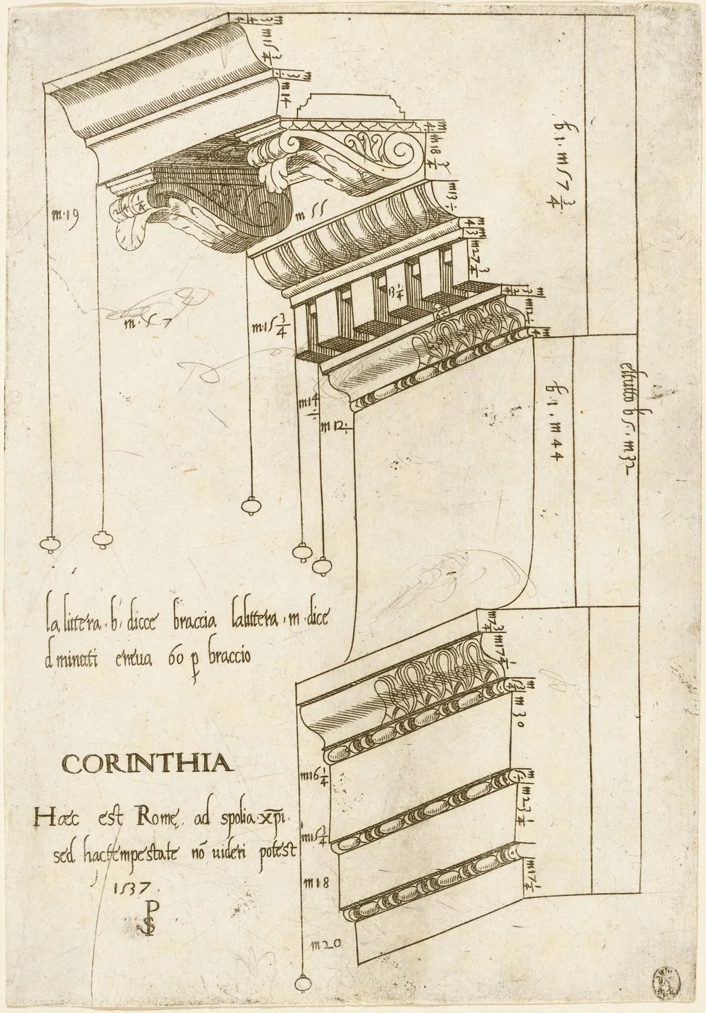 Entablature from the Basilica Ulpia, Rome, by Pseudo-Pier Francesco Fiorentino, ink, 1537