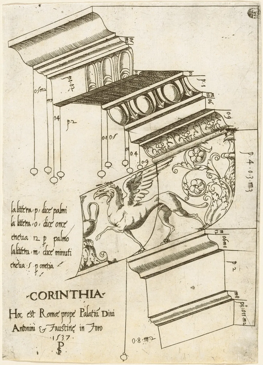 Entablature from the Temple of Antoninus and Faustina, Rome, by Pseudo-Pier Francesco Fiorentino, ink, 1537