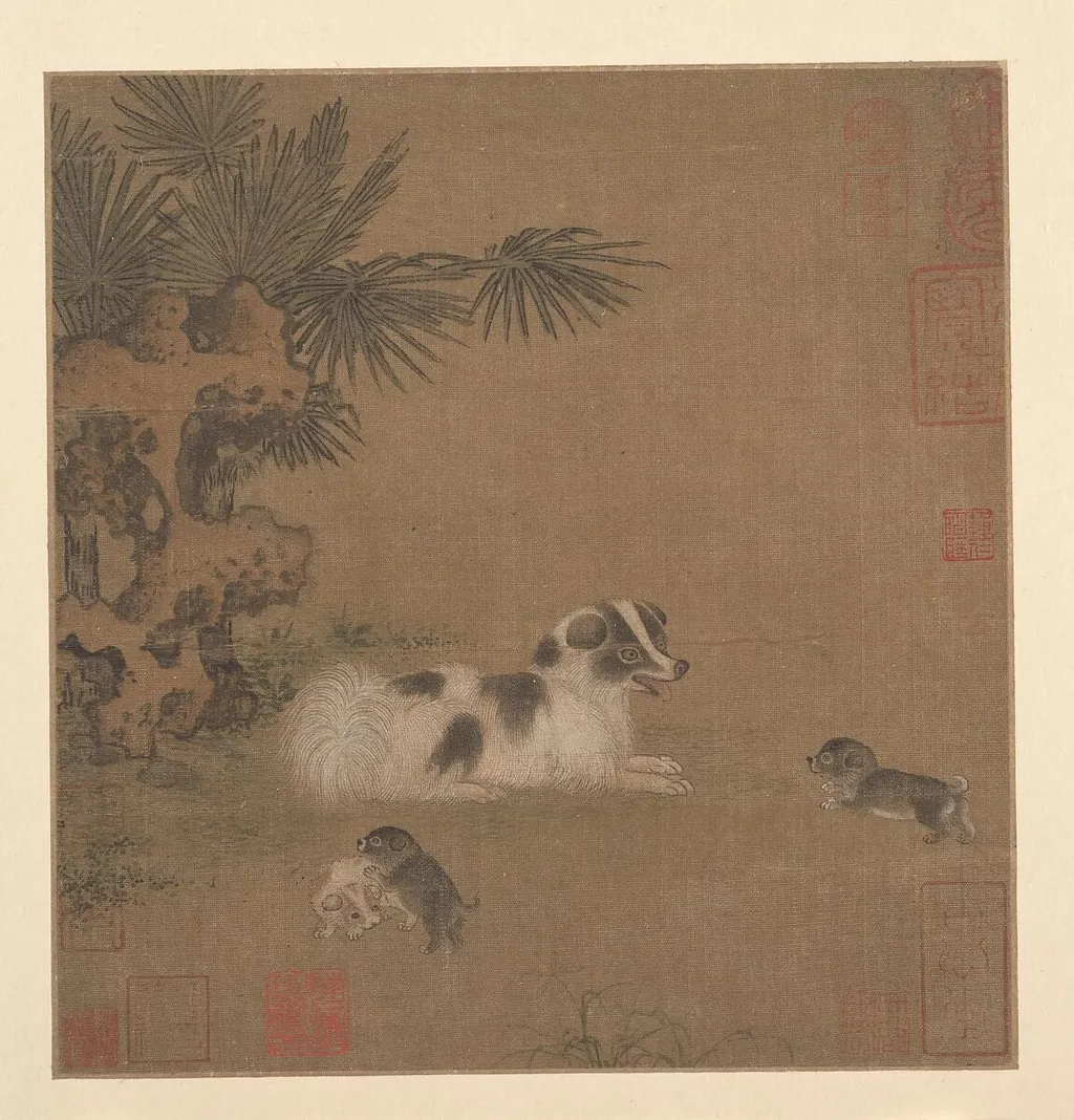 明 佚名 犬戲圖 冊頁|Puppies Playing beside a Palm Tree and Garden Rock, ink, 1449