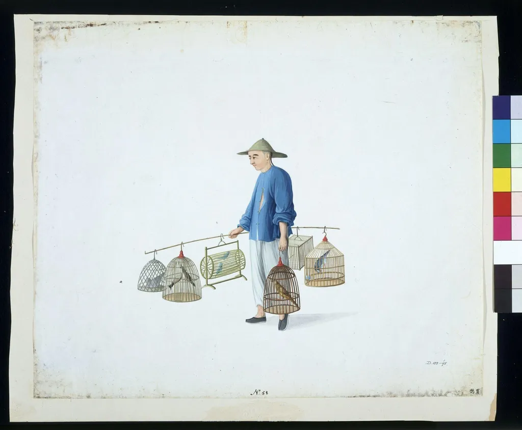 A Bird Seller, by Puqua, paint, 1790