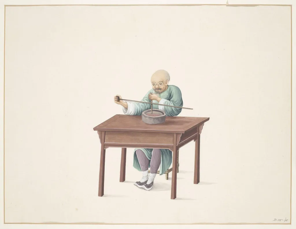 Man Drilling Seed Pearls, by Puqua, paint, 1790
