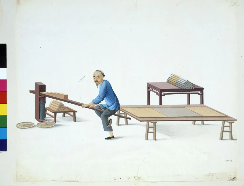 Man Making Incense Sticks, by Puqua, paint, 1790