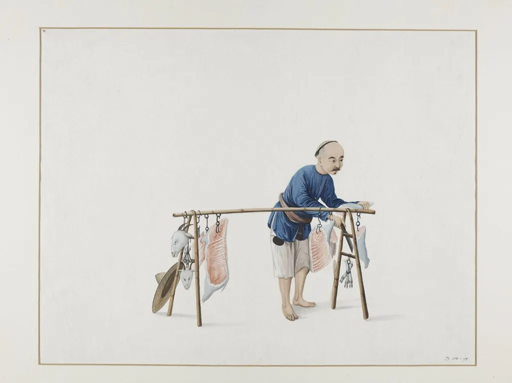 Man Selling Mutton, by Puqua, paint, 1790