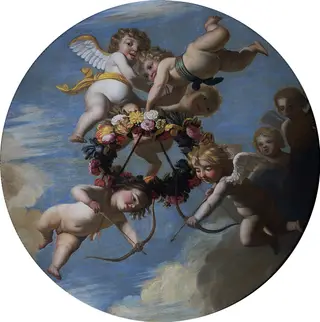 Putti with a wreath of flowers
