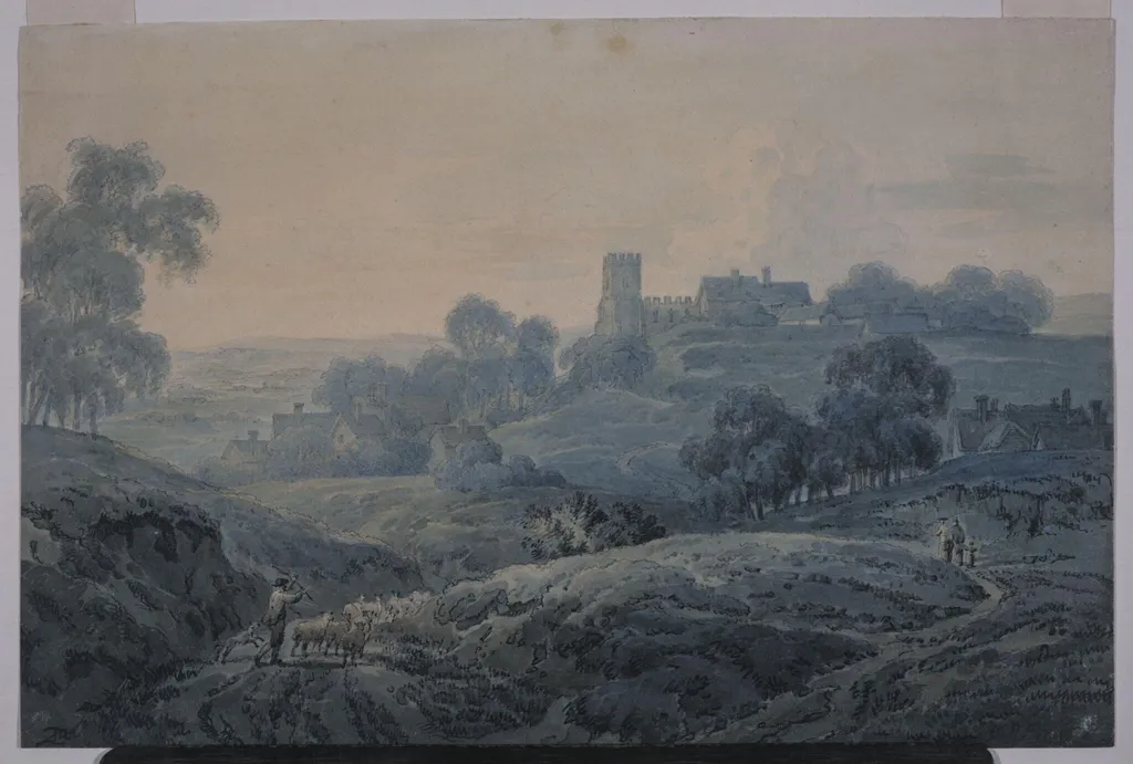 Landscape with church and cottages, by Pyne, watercolor, 1790